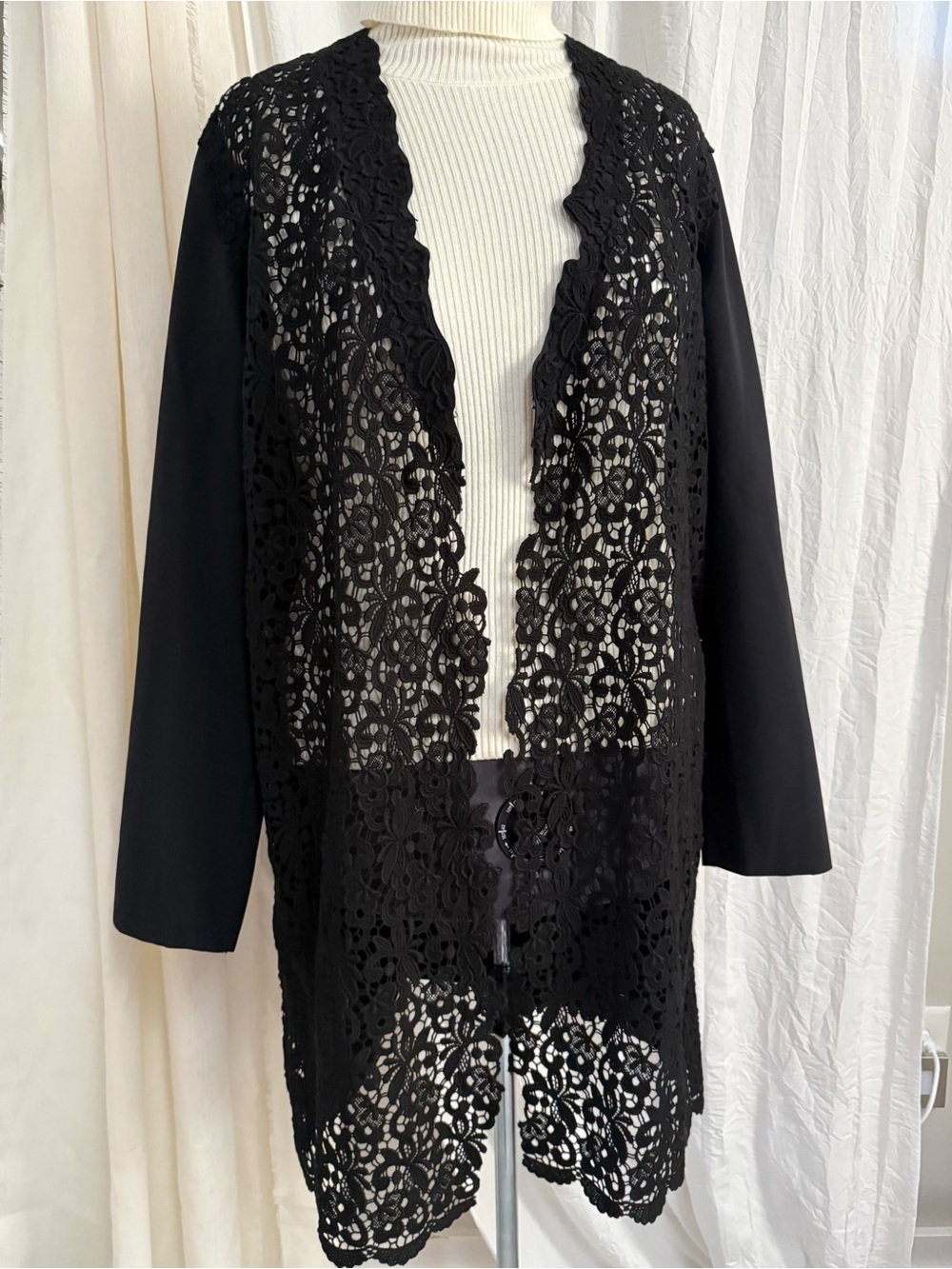 NWT Elie Tahari Melody Coat XL Black Lace Duster Long Layer Cardigan Jacket $498